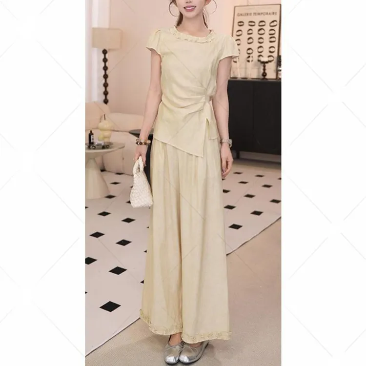 2025夏季休闲两件套装女新款时尚小个子气质收腰显瘦上衣阔腿裤子