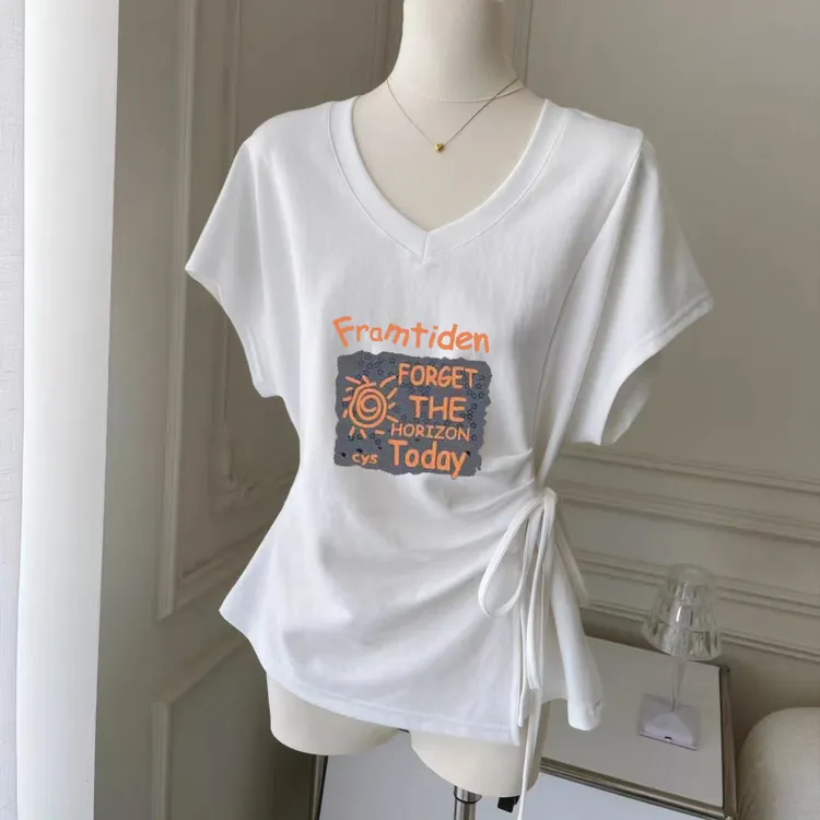 韩国进口韩系气质白色v领系带收腰短袖t恤女夏季新款慵懒风松弛感