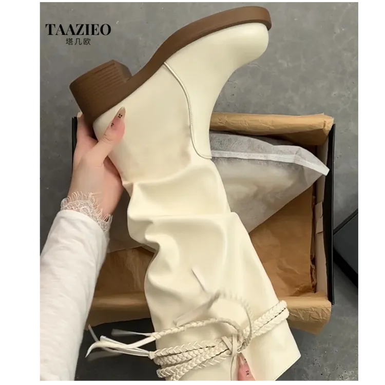 TAAZIEO复古粗跟靴子女长筒靴秋季小个子显瘦骑士长靴子白色厚底