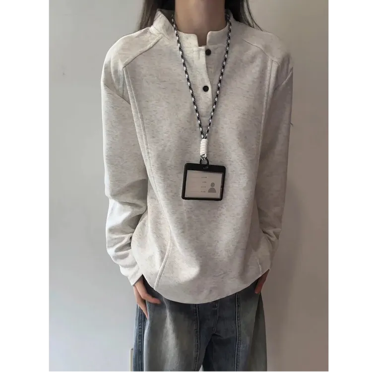 白灰色美式亨利领polo衫卫衣男款秋季解构正肩长袖t恤拼接打底衫