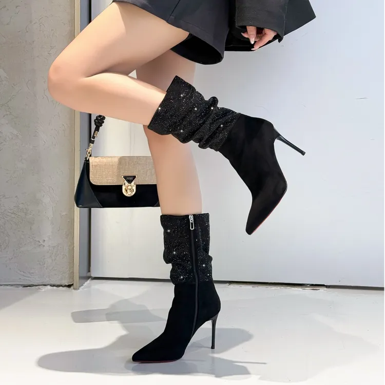 2025新款欧美风尖头细跟满钻高跟短筒靴女堆堆轻奢时装靴子