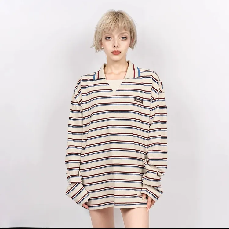 秋季男款拼色宽松渐变长袖Polo条纹宽松外套男款衣服男装秋冬款