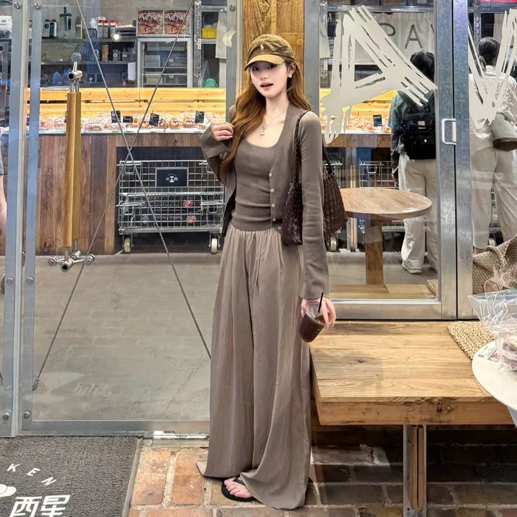 2025法式长袖开衫外套女秋季薄款吊带背心阔腿裤子设计感三件套装