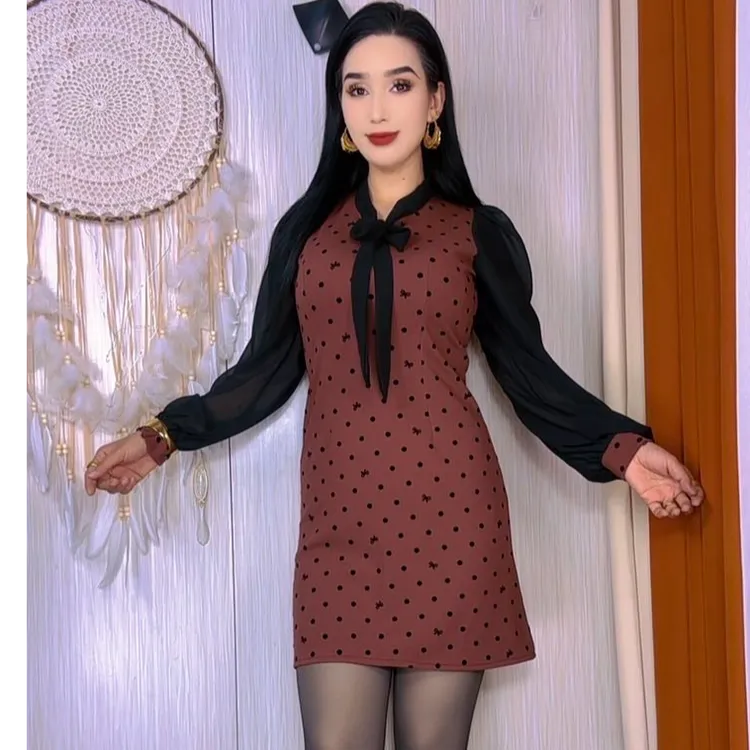 38-1拉链法式长袖显瘦裙子高腰长裙时尚连衣裙拼接女装