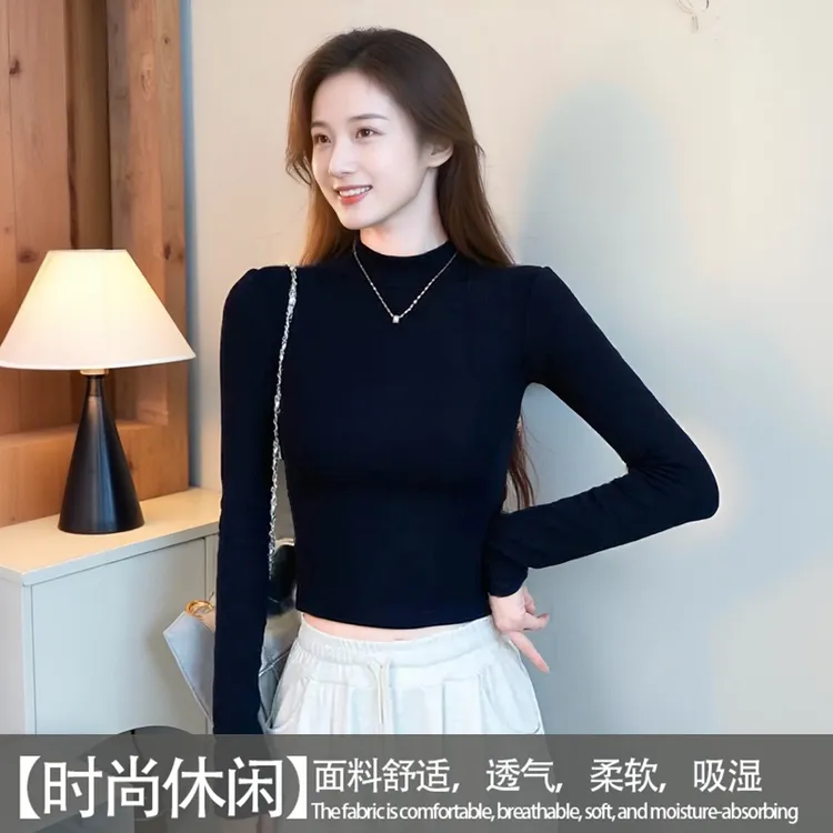 秋冬黑色半高领细绒显瘦洋气打底衫短款长袖t女加绒紧身加厚上衣