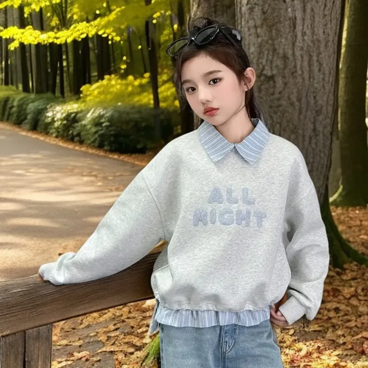 D女童秋装初中女孩字母休闲卫衣洋气套装儿童春秋时髦牛仔裤两件