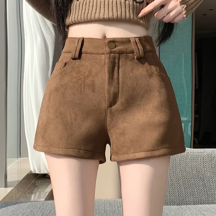 甜辣妹外穿麂皮绒短裤女秋冬小个子美式高腰显瘦a字阔腿打底靴裤