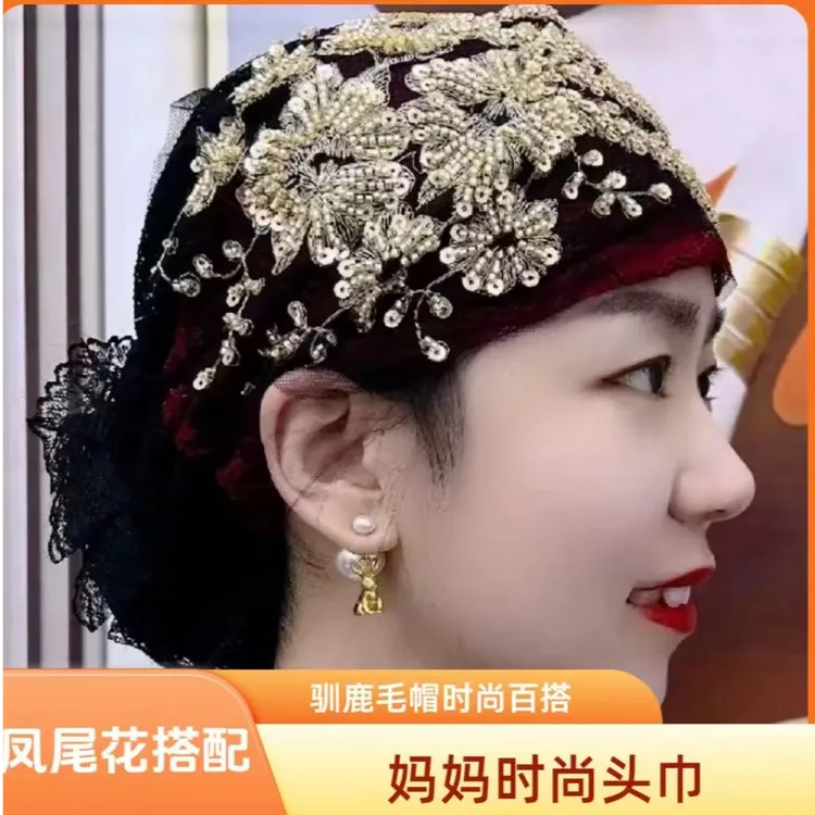 洋气百搭妈妈时尚头巾新款凤尾花盘发帽束发帽子蕾丝包头帽女