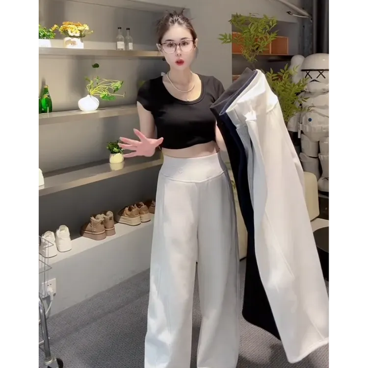 时尚百搭休闲裤女2025秋冬款小个子梨型形身材松紧高腰显瘦阔腿裤