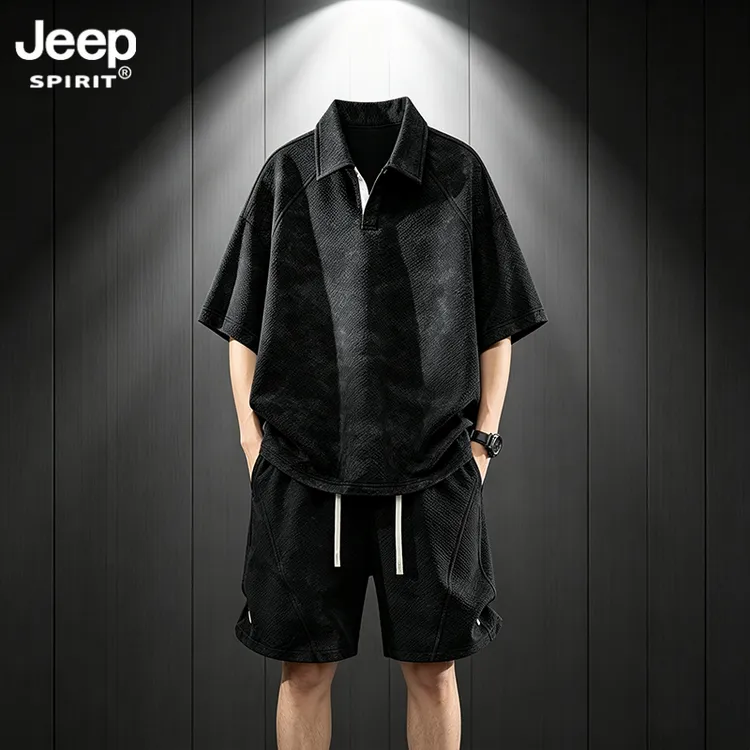 JEEPSPIRIT吉普男士套装夏季复古扎染两件套时尚大码宽松短袖短裤