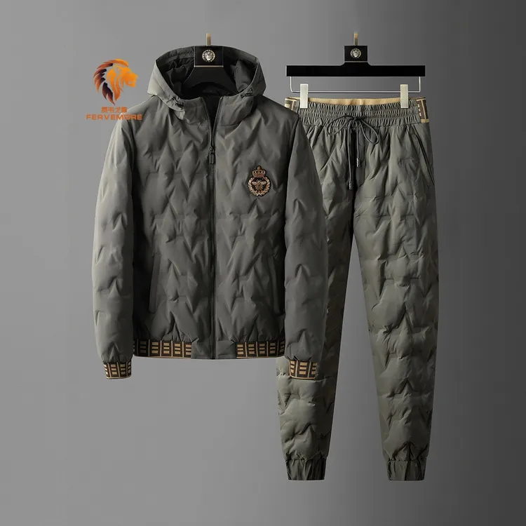 Fervemore费韦戈摩冬季加厚防水白鹅绒时尚男士修身连帽羽绒套装