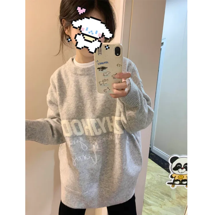 美式复古软糯温柔风字母毛衣女秋冬新款灰色韩版宽松慵懒针织上衣