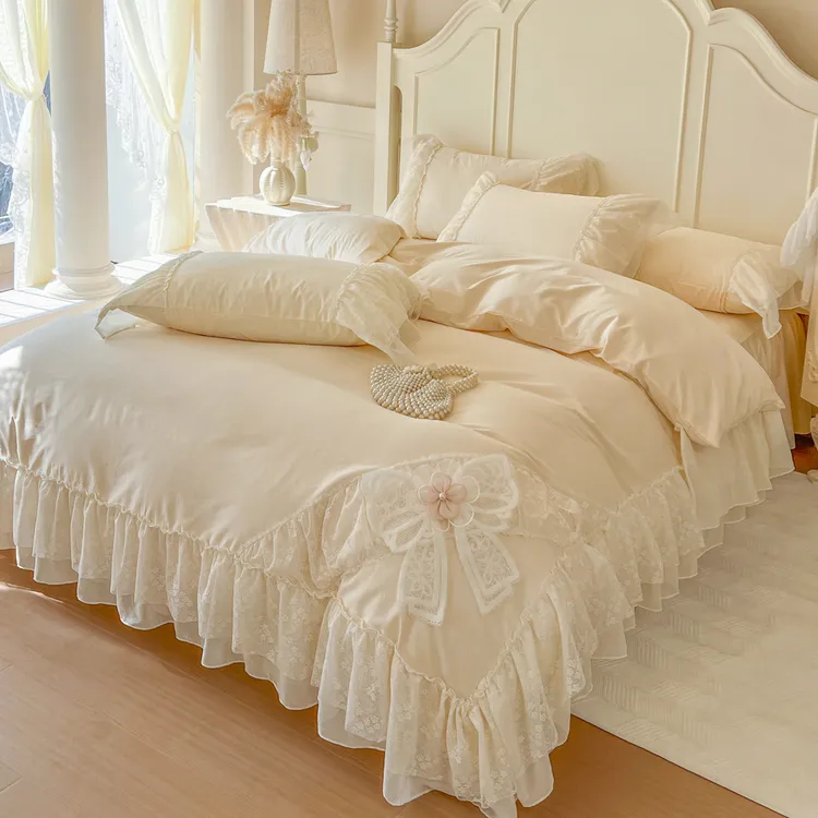 法式公主奶油风全棉床上四件套纯棉蕾丝花边被套少女心高级感床裙