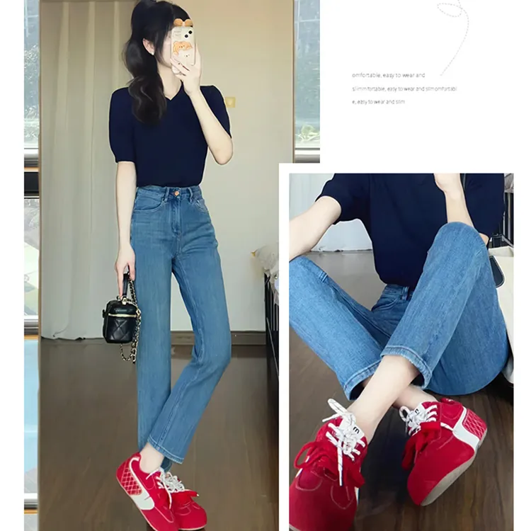 窄版复古蓝高腰直筒牛仔裤女春秋款九分小个子修身显瘦烟管裤冬装