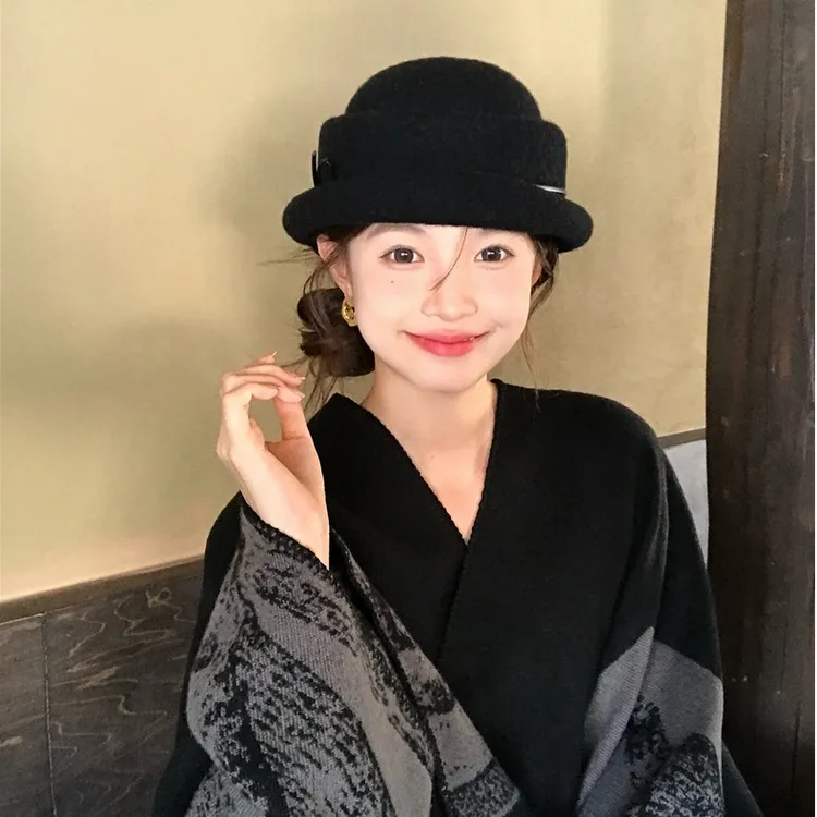 高品质~赫本风黑色礼帽女千金渔夫帽秋冬百搭优雅盆帽针织复古ins