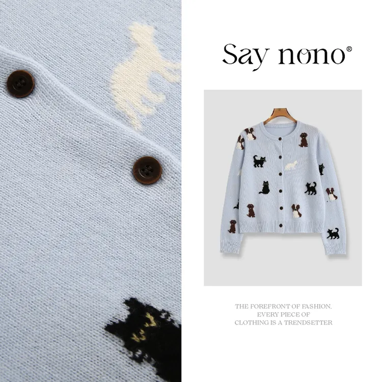 懒猫nono│Saynono 绵羊毛小狗印花圆领开衫/XNJY5206