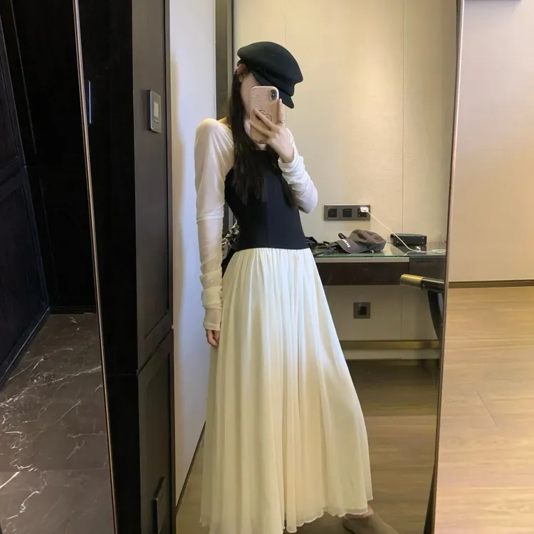 法式撞色拼接抹胸连衣裙女2025春季新款长袖a字设计感长款裙子