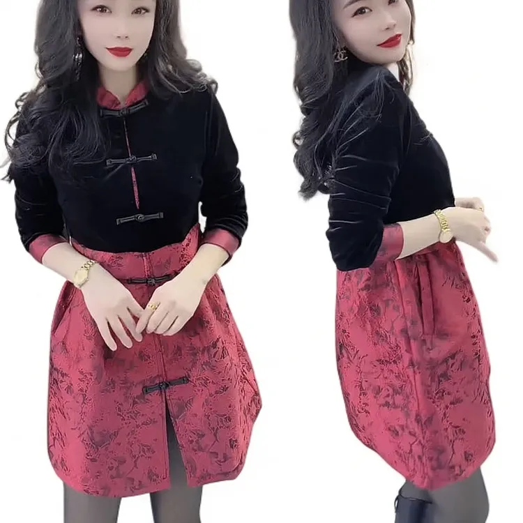 秋冬新款丝绒拼接法式高级感名媛连衣裙女洋气百搭设计感中长裙潮