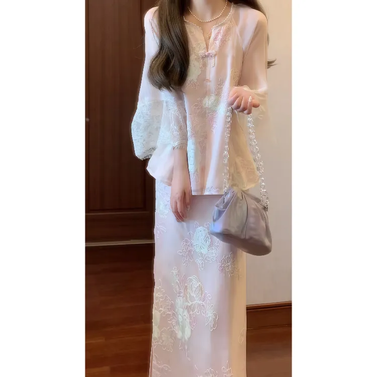 新中式国风刺绣蕾丝拼接上衣&松紧腰半身裙两件套装裙9736