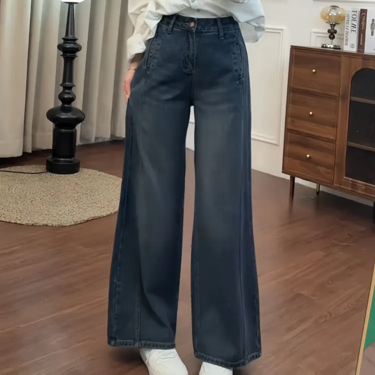 秋冬新款加绒百搭设计感洋气牛仔裤女时尚高腰长款复古风直筒裤子