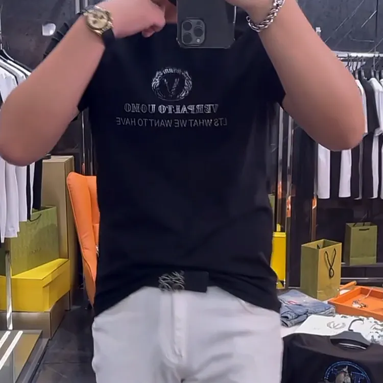 【卡来利高奢】欧洲站烫钻字母圆领T恤衫男士莱卡短袖夏季正肩半袖