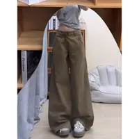 美式复古设计感卡其色直筒工装牛仔裤女高腰宽松休闲阔腿长裤