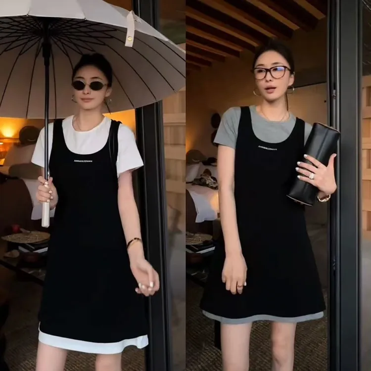 韩系短袖T恤裙套装女2025夏季新款无袖背心连衣裙时尚两件套12131