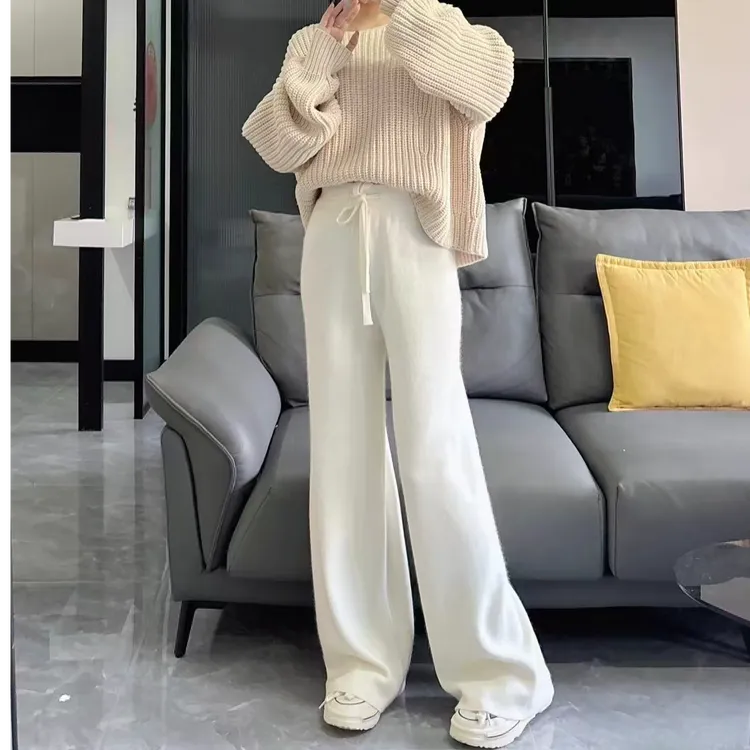 秋冬新款高腰直筒针织阔腿裤女宽松垂感白色加厚羊毛裤休闲长裤子