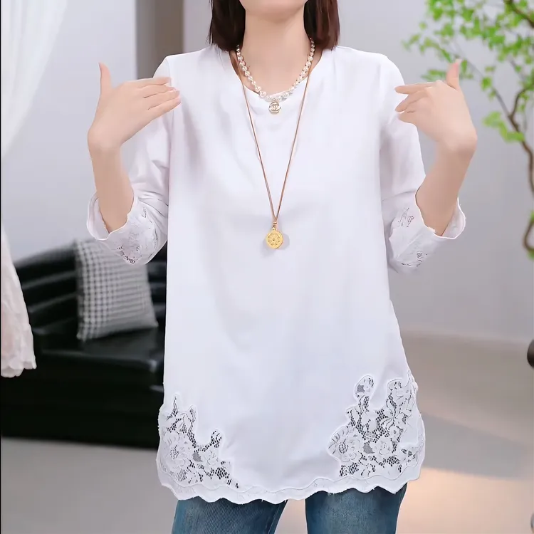 2025春季新款设计感重工拼接圆领套头长袖T恤刺绣上衣女LK2501757