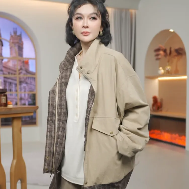 韩系宽松两面穿格纹撞色长袖棉服外套  M9119