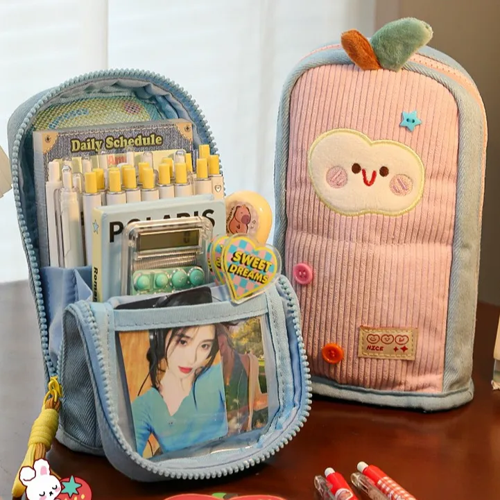 可爱苹果可立笔袋女高颜值小学生大容量站立文具袋儿童毛绒铅笔袋