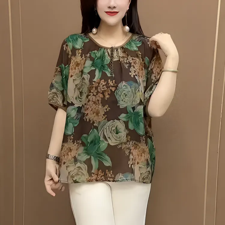 夏款大码雪纺衫2025新款百搭圆领短袖防晒女装宽松时尚印花妈妈装