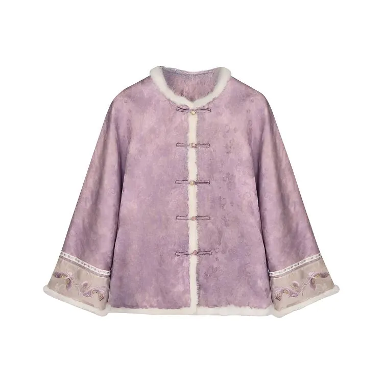 深圳高定100桑蚕丝水貂毛提花棉服外套冬季中式国风棉衣刺绣重工