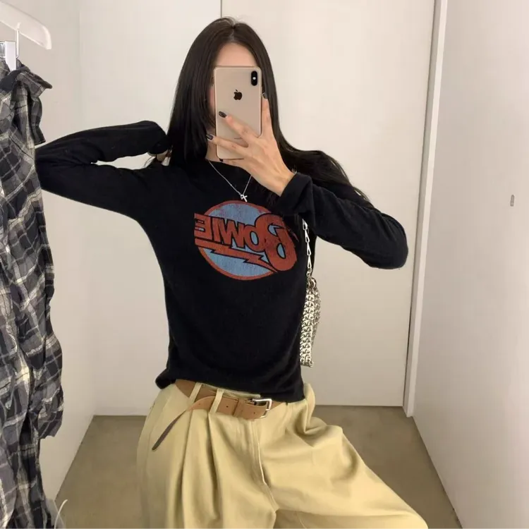 美式字母印花正肩长袖T恤女装2025秋季新款时尚修身洋气百搭上衣