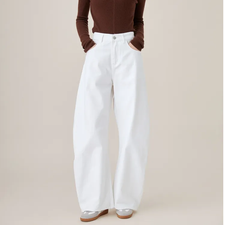 KKKVIBE美式白色百搭立体剪裁弯刀阔腿牛仔裤女宽松直筒休闲裤子