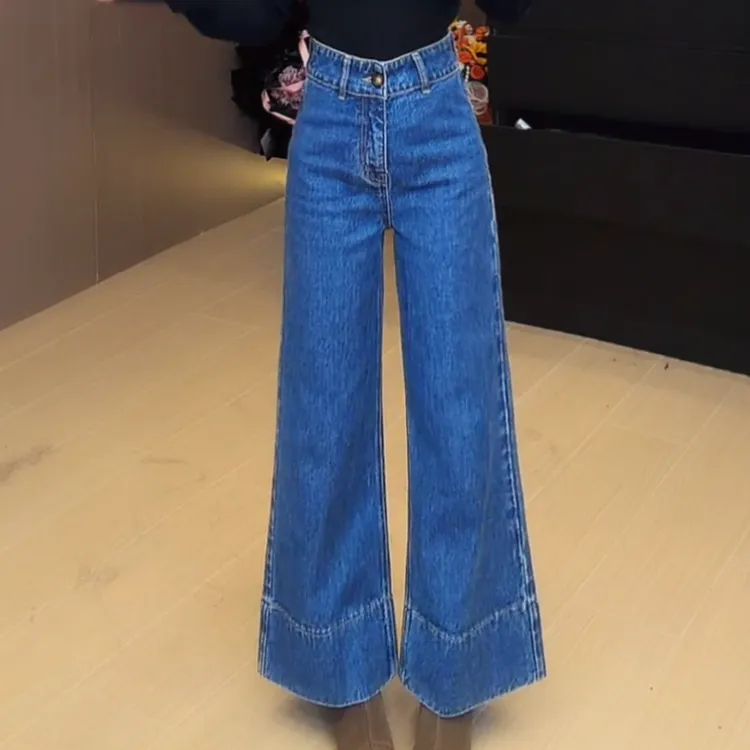 2026春新款休闲高腰直筒宽翻边牛仔裤LK2509242