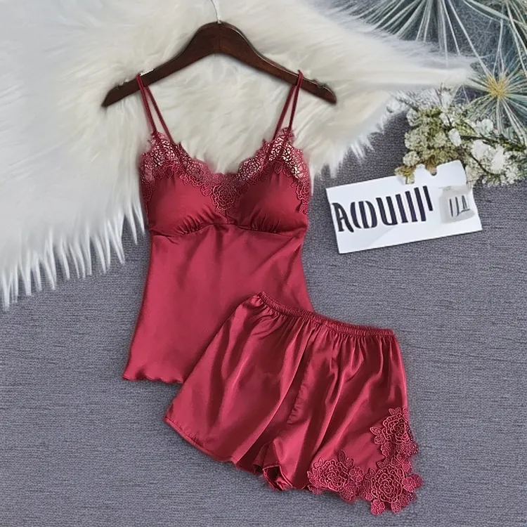 带胸垫蕾丝睡衣女士爆款2025新款夏天吊带短裤冰丝短款家居服套装