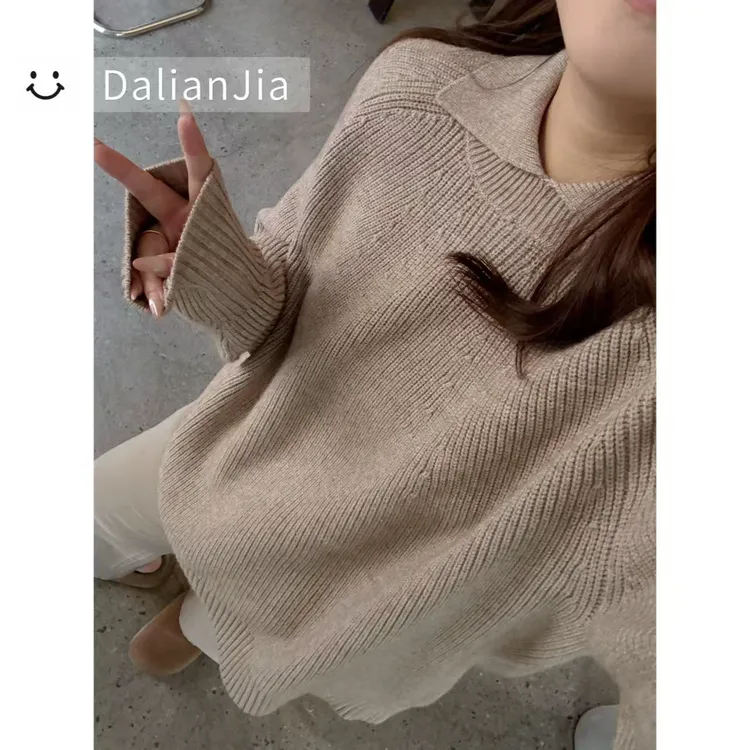 晶咕佳佳【文艺邮局】翻领插肩袖纹理套头毛衣时尚百搭纯色慵懒