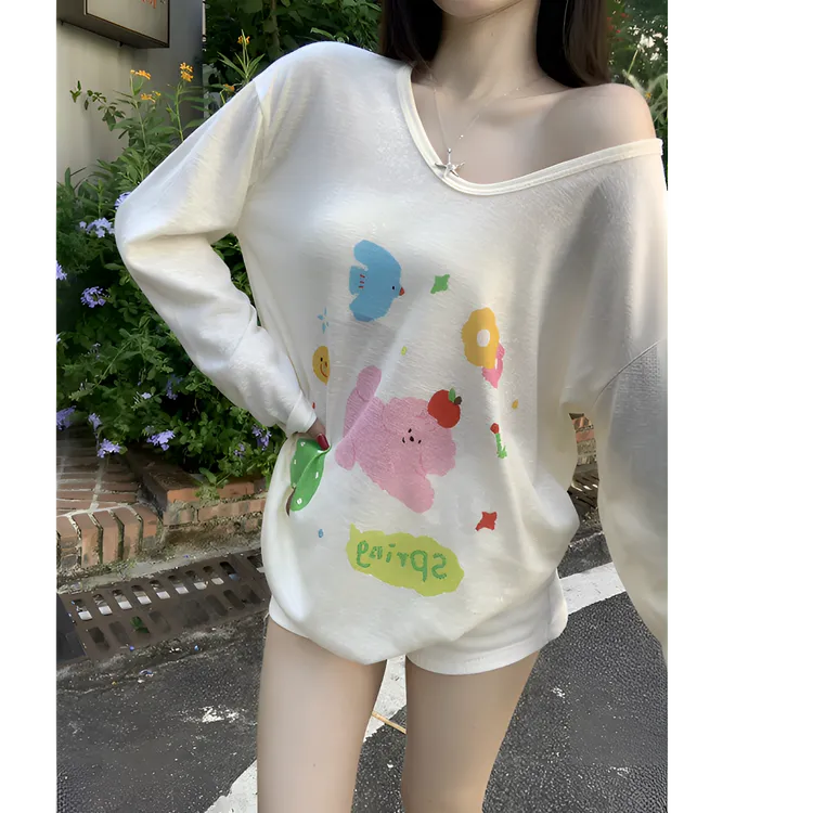 2025秋季新款可爱卡通小狗印花长袖T恤宽松慵懒风女防晒上衣