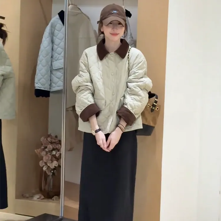 撞色翻领夹棉外套女秋季新款小个子休闲简约轻薄保暖百搭短款棉衣