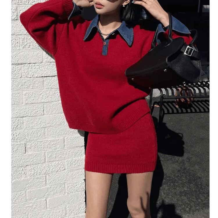 学院风极简风时尚套装秋冬高领翻领拼接牛仔领韩版时尚短裙两件套