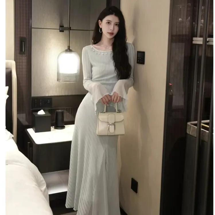 慵懒风法式时尚套装上衣气质修身长款针织长袖套装