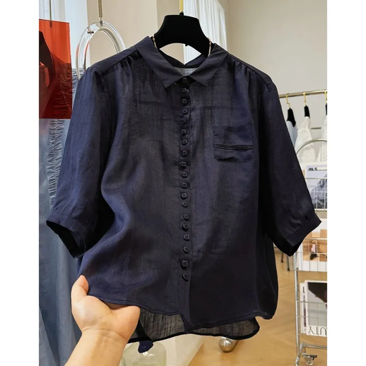 高端亚麻领短袖衬衫女夏季薄款时尚气质小衫超好看独特绝美上衣新