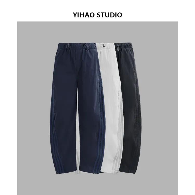 夏季新款男士弯刀休闲裤时尚经典百搭三条杠宽松阔腿薄款速干长裤