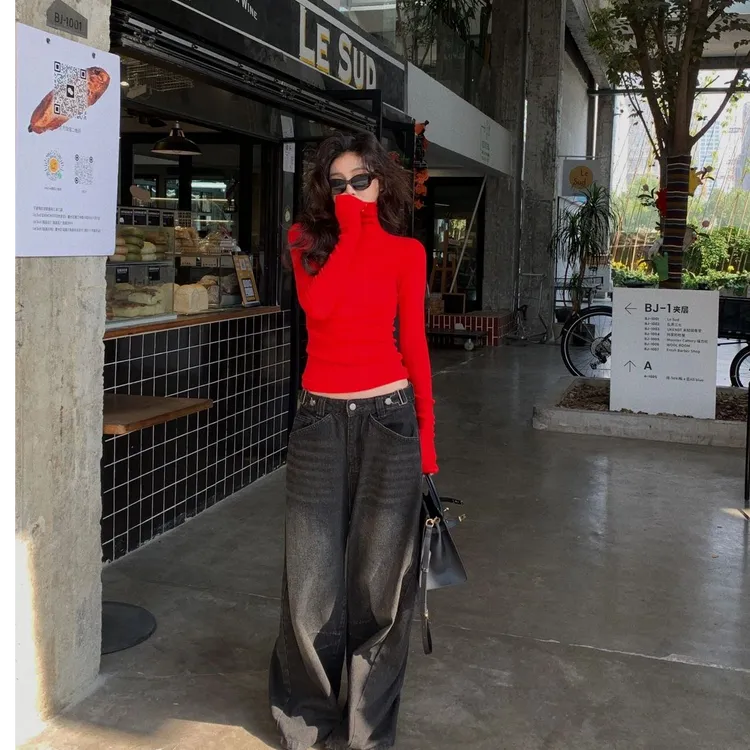 红色辣妹半高领修身长袖针织衫女2025秋冬新款设计感内搭打底上衣