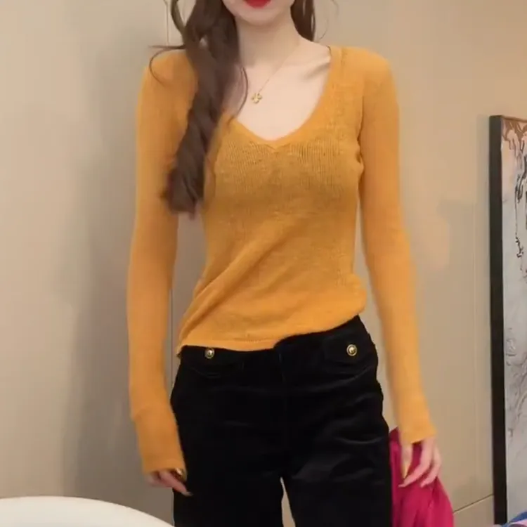 秋冬新款法式薄款内搭V领毛衣女打底针织衫LK2508971