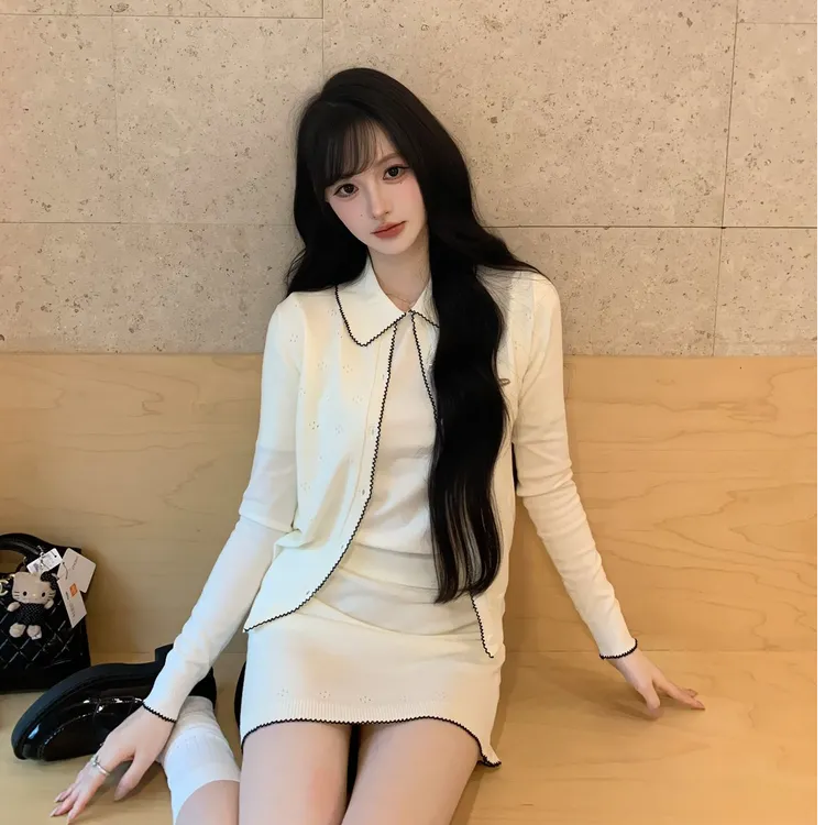 法式气质镂空针织开衫女秋季穿搭短袖t恤上衣包臀显瘦半身裙套装