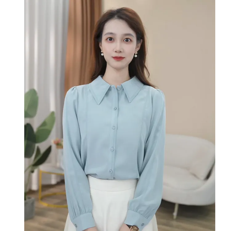 【早鸟价】淡蓝色长袖衬衫女轻奢设计感通勤职业衬衣8393071【清清】