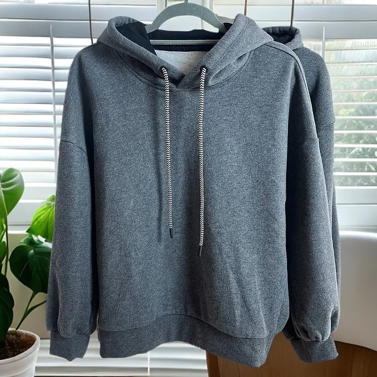 长袖秋冬连帽灰色上衣女装宽松套头厚款百搭加绒
