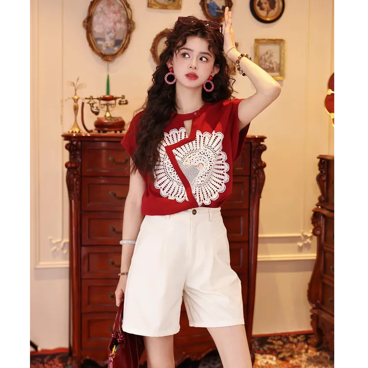 2025夏季新款短袖T恤女设计感飞飞袖休闲上衣百搭杏色短裤两件套